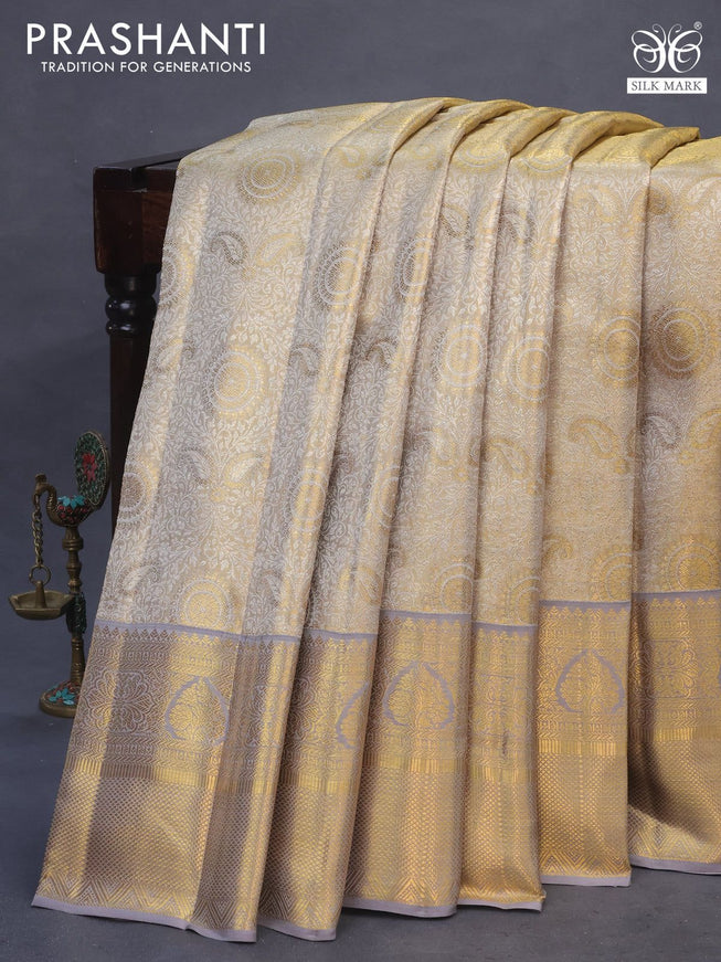 Pure kanchipuram tissue silk saree gold and grey shade with allover silver zari woven brocade weaves and long zari woven border