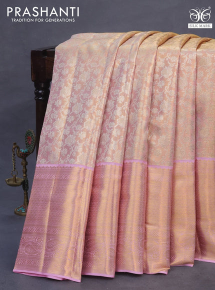 Pure kanchipuram tissue silk saree dual shade of pastel pink with allover silver zari woven brocade weaves and long zari woven border