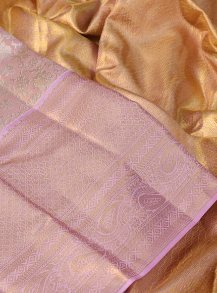 Pure kanchipuram tissue silk saree dual shade of pastel pink with allover silver zari woven brocade weaves and long zari woven border