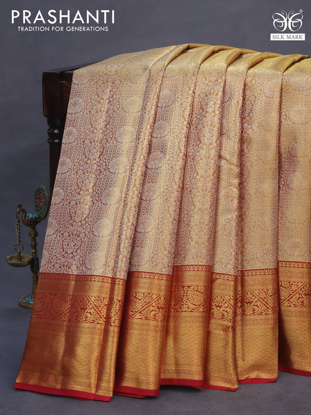 Pure kanchipuram tissue silk saree gold and maroon with allover silver zari woven brocade weaves and zari woven border