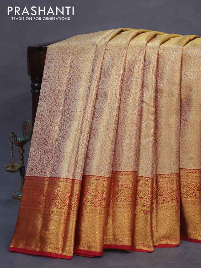 Pure kanchipuram tissue silk saree gold and maroon with allover silver zari woven brocade weaves and zari woven border