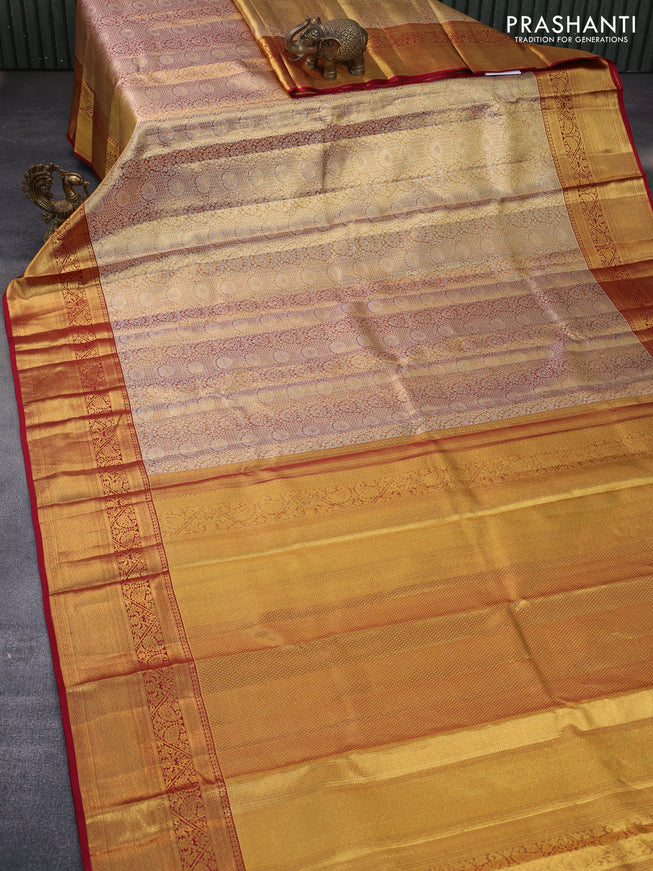 Pure kanchipuram tissue silk saree gold and maroon with allover silver zari woven brocade weaves and zari woven border