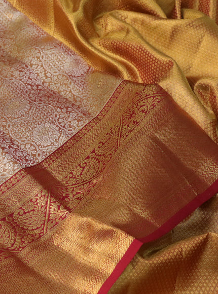 Pure kanchipuram tissue silk saree gold and maroon with allover silver zari woven brocade weaves and zari woven border