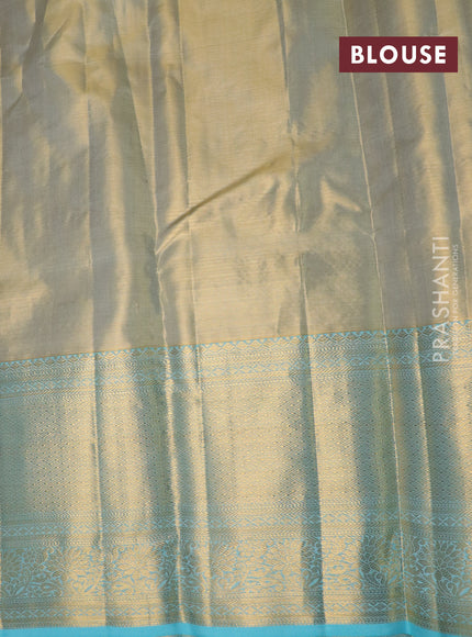 Pure kanchipuram tissue silk saree dual shade of pastel grey and light blue with allover zari woven brocade weaves and long zari woven border