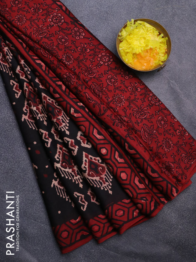 Modal silk saree black and maroon with ikat butta prints and printed border