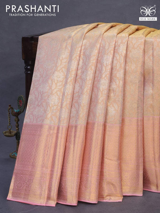 Pure kanchipuram tissue silk saree dual shade of gold and light pink with allover silver zari woven brocade weaves and long zari woven border