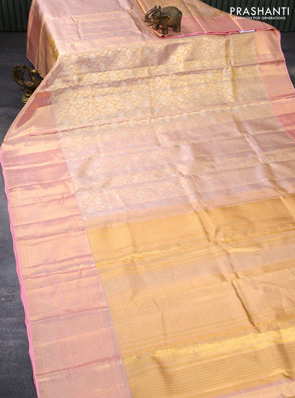 Pure kanchipuram tissue silk saree dual shade of gold and light pink with allover silver zari woven brocade weaves and long zari woven border