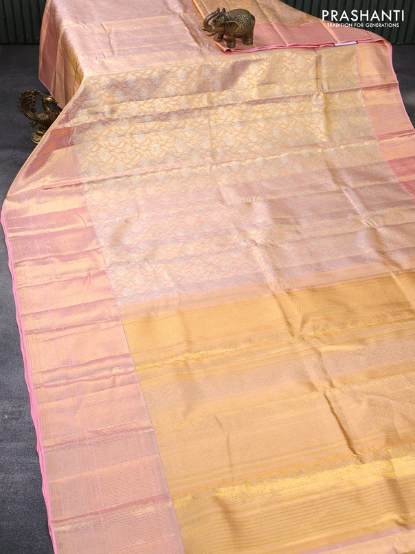 Pure kanchipuram tissue silk saree dual shade of gold and light pink with allover silver zari woven brocade weaves and long zari woven border