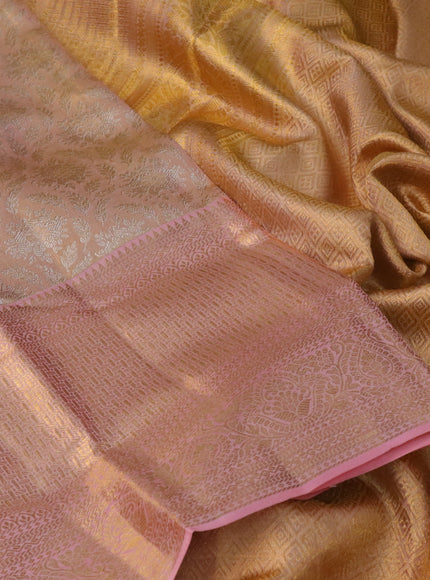 Pure kanchipuram tissue silk saree dual shade of gold and light pink with allover silver zari woven brocade weaves and long zari woven border