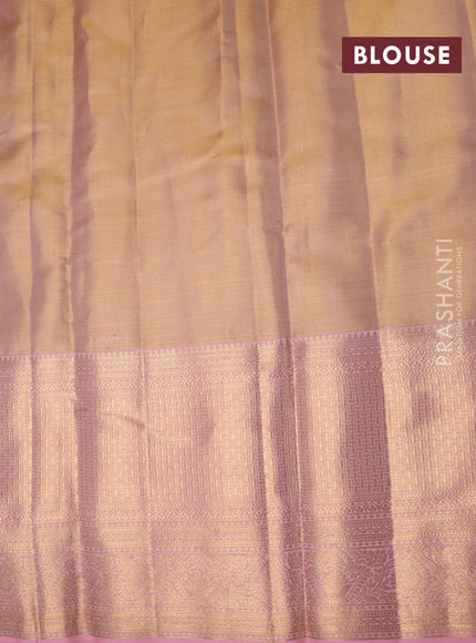 Pure kanchipuram tissue silk saree dual shade of gold and light pink with allover silver zari woven brocade weaves and long zari woven border