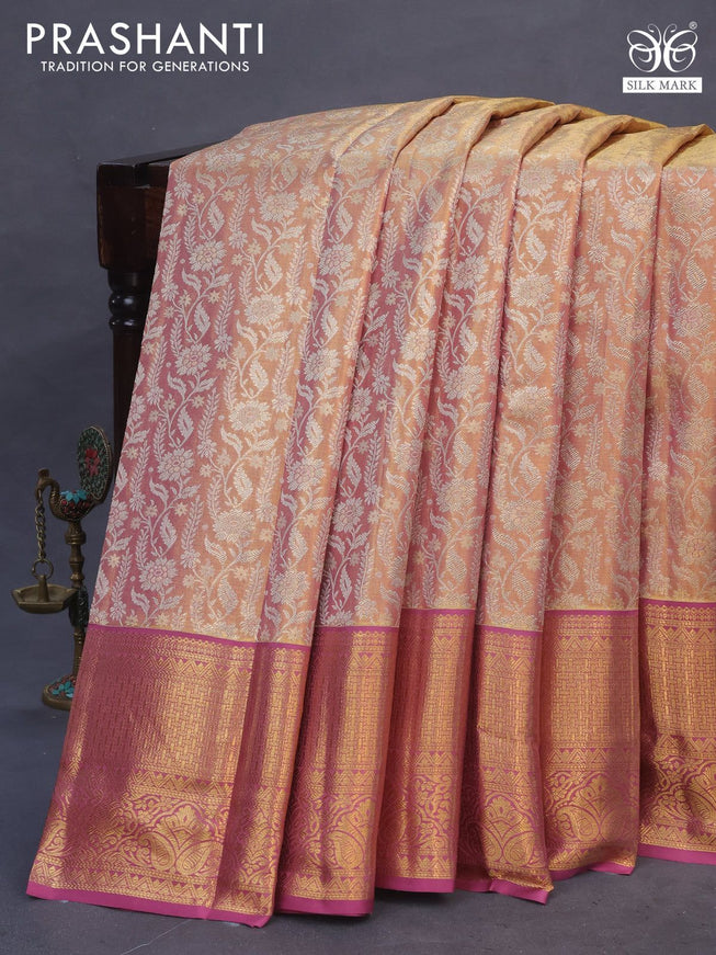 Pure kanchipuram tissue silk saree dual shade of gold and mauve pink with allover silver zari woven brocade weaves and zari woven border