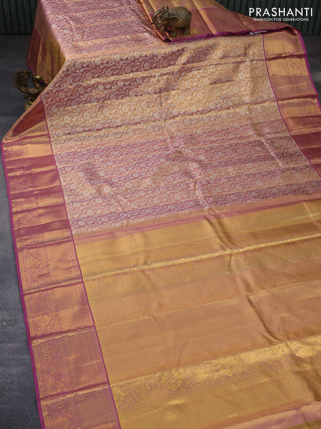 Pure kanchipuram tissue silk saree dual shade of gold and mauve pink with allover silver zari woven brocade weaves and zari woven border