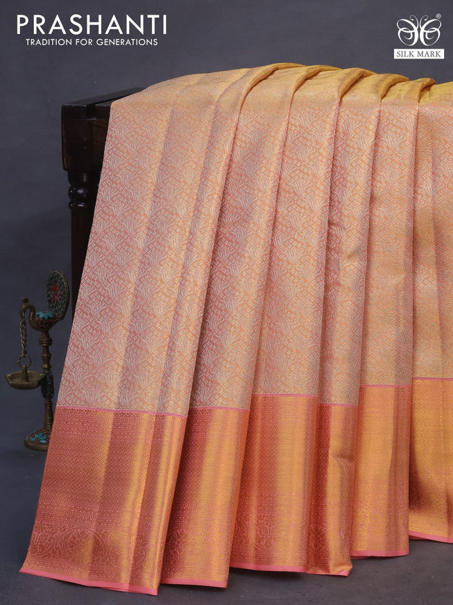 Pure kanchipuram tissue silk saree dual shade of gold and peach pink with allover zari woven brocade weaves and zari woven border