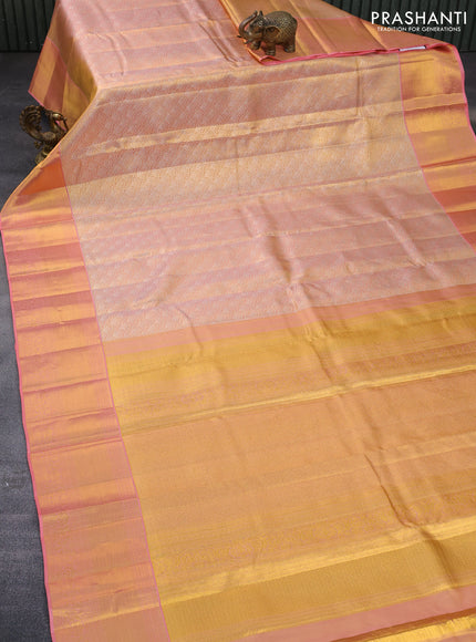 Pure kanchipuram tissue silk saree dual shade of gold and peach pink with allover zari woven brocade weaves and zari woven border