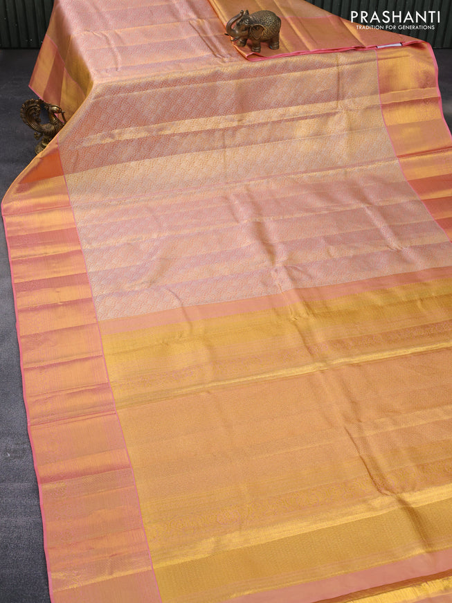 Pure kanchipuram tissue silk saree dual shade of gold and peach pink with allover zari woven brocade weaves and zari woven border