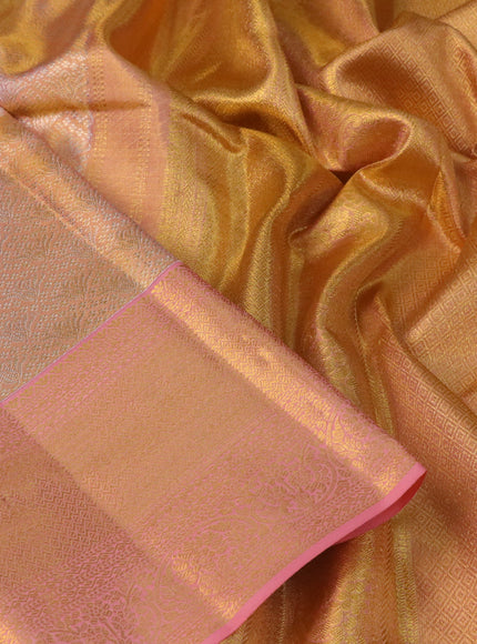 Pure kanchipuram tissue silk saree dual shade of gold and peach pink with allover zari woven brocade weaves and zari woven border