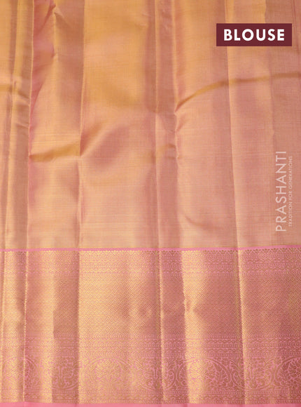 Pure kanchipuram tissue silk saree dual shade of gold and peach pink with allover zari woven brocade weaves and zari woven border