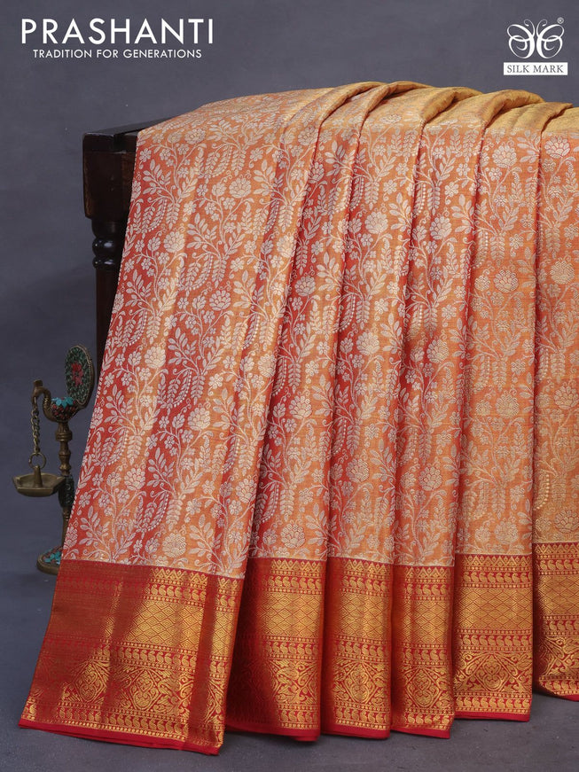 Pure kanchipuram tissue silk saree dual shade of gold and maroon with allover zari woven brocade weaves and zari woven border