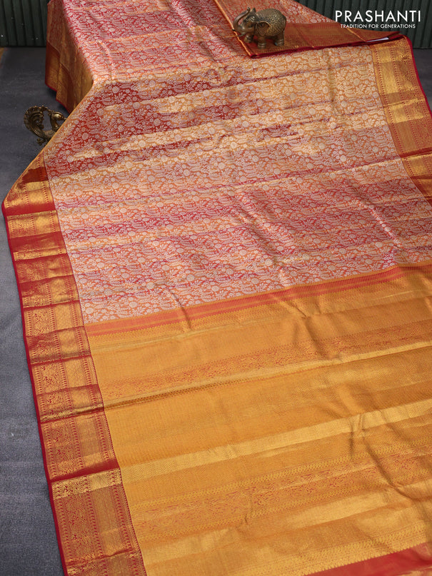 Pure kanchipuram tissue silk saree dual shade of gold and maroon with allover zari woven brocade weaves and zari woven border