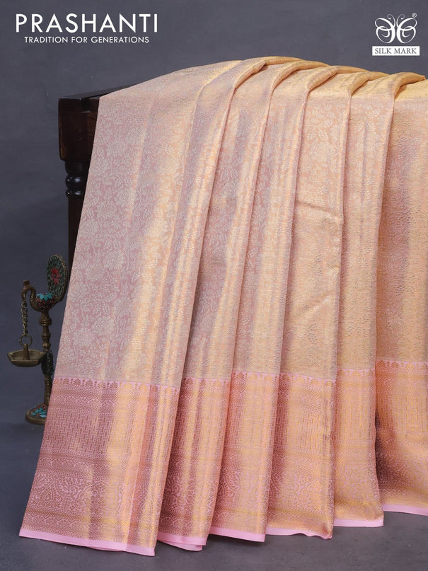 Pure kanchipuram tissue silk saree dual shade of pastel pink with allover silver zari woven brocade weaves and zari woven border