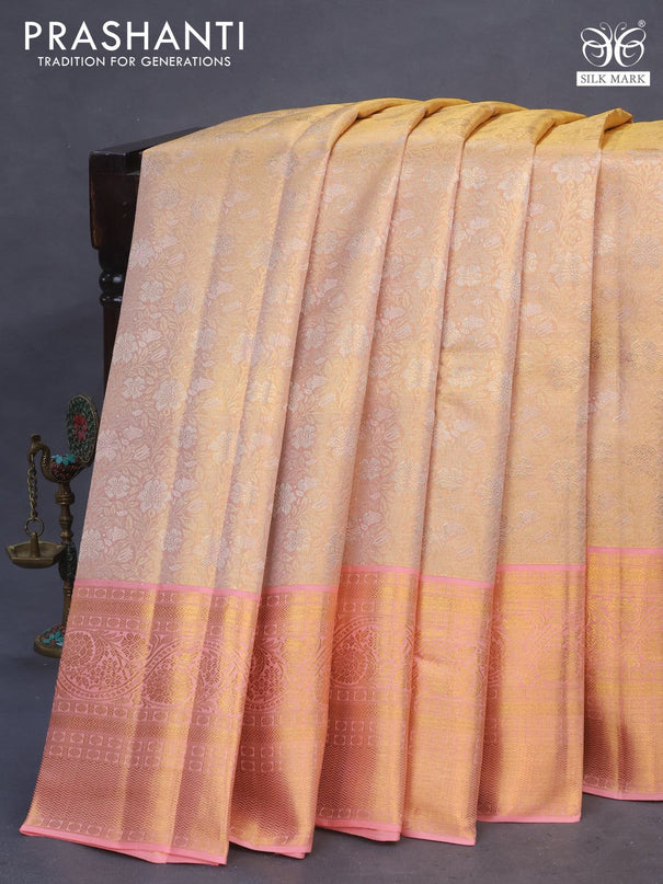 Pure kanchipuram tissue silk saree dual shade of gold and peach pink with allover zari woven brocade weaves and zari woven border