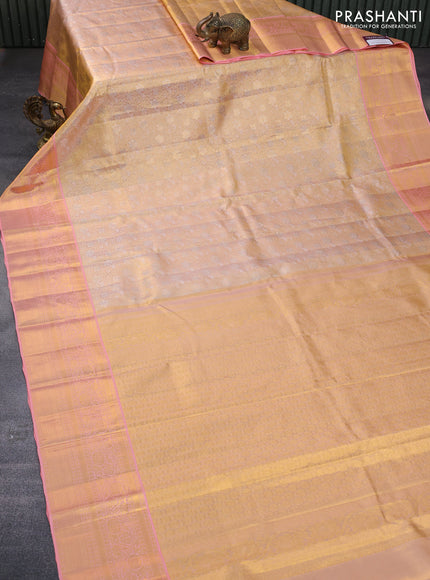 Pure kanchipuram tissue silk saree dual shade of gold and peach pink with allover zari woven brocade weaves and zari woven border