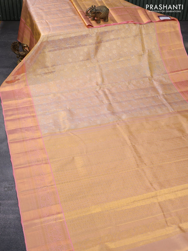 Pure kanchipuram tissue silk saree dual shade of gold and peach pink with allover zari woven brocade weaves and zari woven border