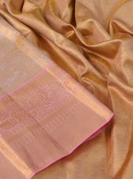 Pure kanchipuram tissue silk saree dual shade of gold and peach pink with allover zari woven brocade weaves and zari woven border