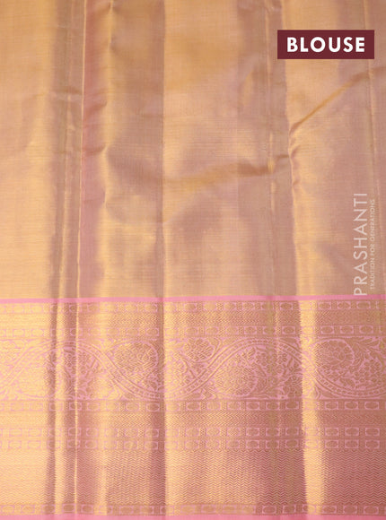 Pure kanchipuram tissue silk saree dual shade of gold and peach pink with allover zari woven brocade weaves and zari woven border