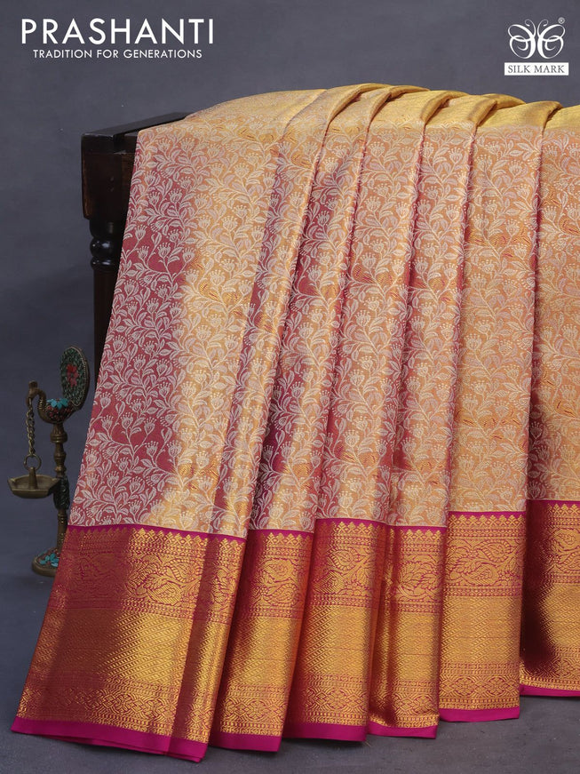 Pure kanchipuram tissue silk saree dual shade of gold and magenta pink with allover silver zari woven brocade weaves and zari woven border