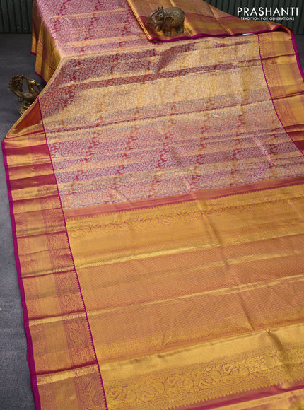 Pure kanchipuram tissue silk saree dual shade of gold and magenta pink with allover silver zari woven brocade weaves and zari woven border