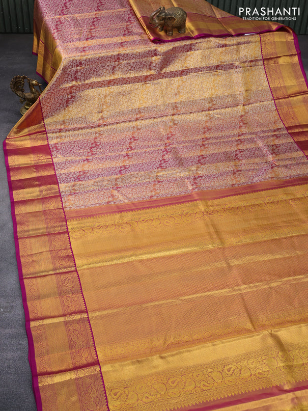 Pure kanchipuram tissue silk saree dual shade of gold and magenta pink with allover silver zari woven brocade weaves and zari woven border