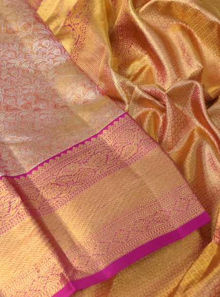 Pure kanchipuram tissue silk saree dual shade of gold and magenta pink with allover silver zari woven brocade weaves and zari woven border