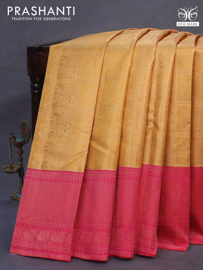 Pure kanchipuram tissue silk saree gold and pink with allover zari woven brocade weaves and zari woven border