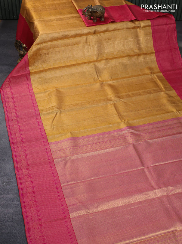 Pure kanchipuram tissue silk saree gold and pink with allover zari woven brocade weaves and zari woven border