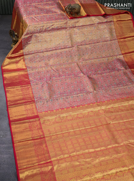 Pure kanchipuram tissue silk saree dual shade of gold and pink with allover silver zari woven brocade weaves and long zari woven border