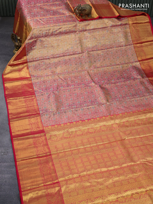 Pure kanchipuram tissue silk saree dual shade of gold and pink with allover silver zari woven brocade weaves and long zari woven border