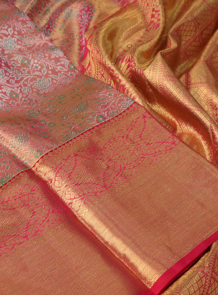 Pure kanchipuram tissue silk saree dual shade of gold and pink with allover silver zari woven brocade weaves and long zari woven border