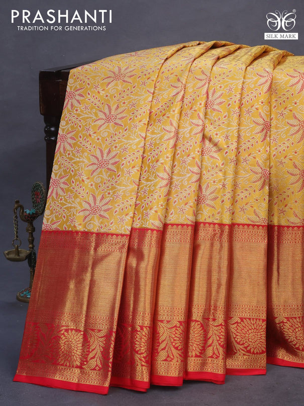 Pure kanchipuram tissue silk saree yellow and red with allover zari woven brocade weaves and long zari woven border