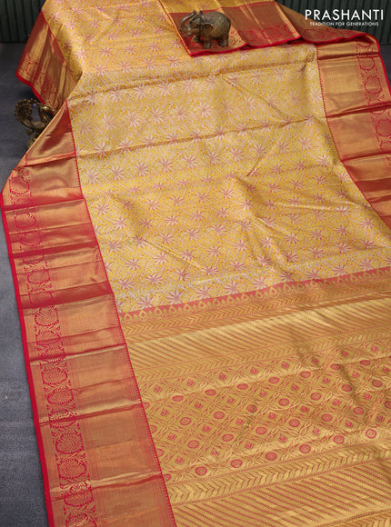 Pure kanchipuram tissue silk saree yellow and red with allover zari woven brocade weaves and long zari woven border