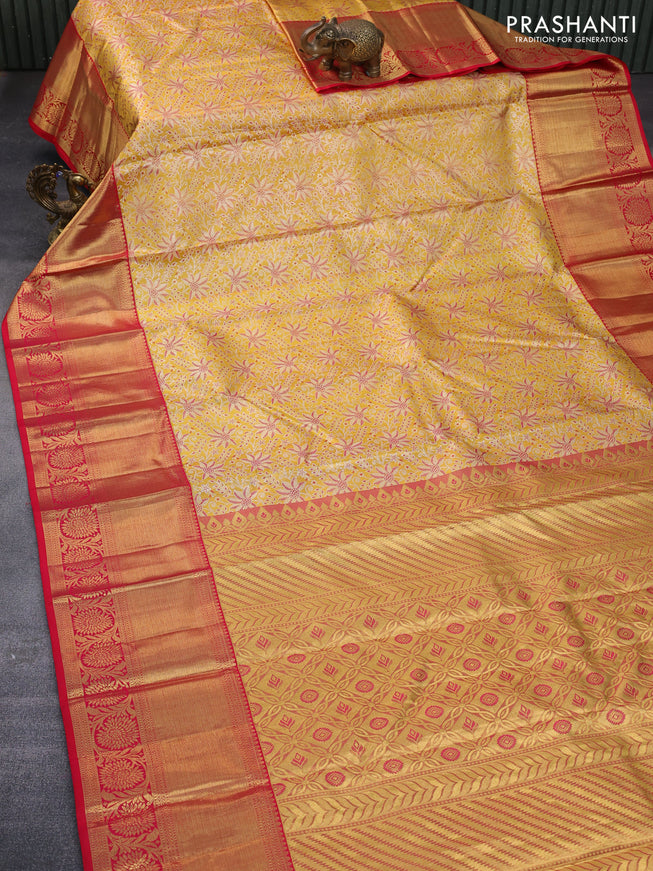 Pure kanchipuram tissue silk saree yellow and red with allover zari woven brocade weaves and long zari woven border