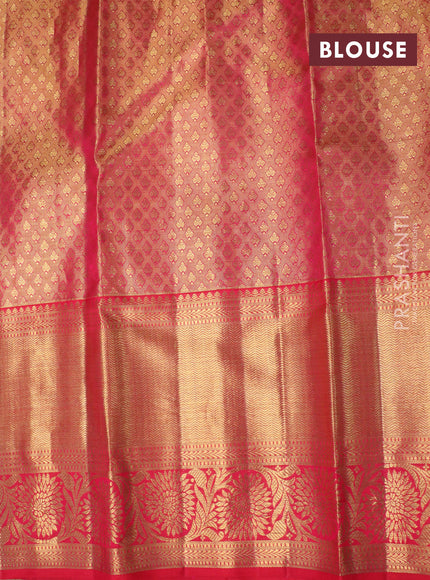 Pure kanchipuram tissue silk saree yellow and red with allover zari woven brocade weaves and long zari woven border