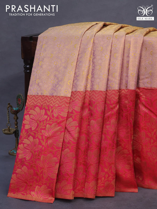 Pure kanchipuram tissue silk saree pastel lavender and pink with allover zari woven brocade weaves and long zari woven border