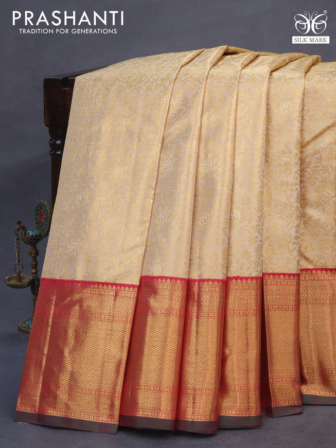 Pure kanchipuram tissue silk saree sandal and pink with allover zari woven brocade weaves and zari woven border