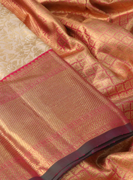 Pure kanchipuram tissue silk saree sandal and pink with allover zari woven brocade weaves and zari woven border