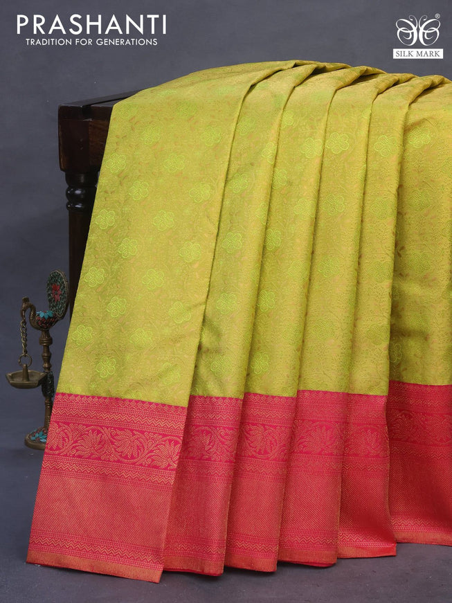 Pure kanchipuram tissue silk saree light green and pink with allover zari woven brocade weaves and zari woven border