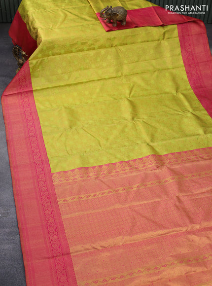 Pure kanchipuram tissue silk saree light green and pink with allover zari woven brocade weaves and zari woven border