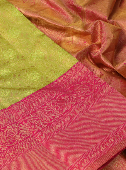 Pure kanchipuram tissue silk saree light green and pink with allover zari woven brocade weaves and zari woven border