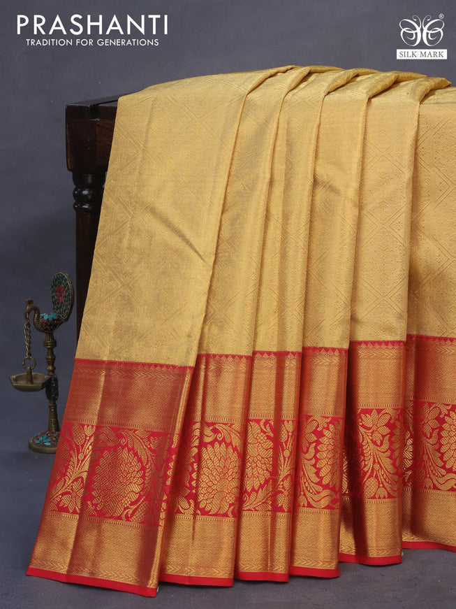 Pure kanchipuram tissue silk saree gold and red with allover zari woven brocade weaves and zari woven floral zari woven border