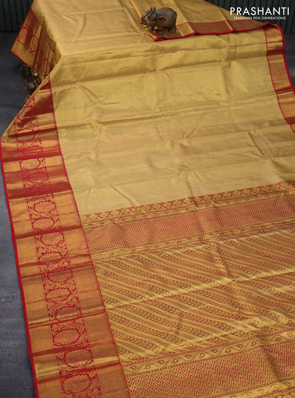 Pure kanchipuram tissue silk saree gold and red with allover zari woven brocade weaves and zari woven floral zari woven border